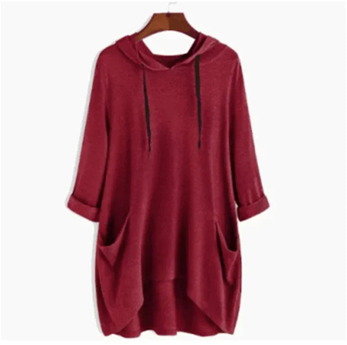 Helen - Women's Solid Color Loose Hooded Sweatshirt Irregular Pockets Top