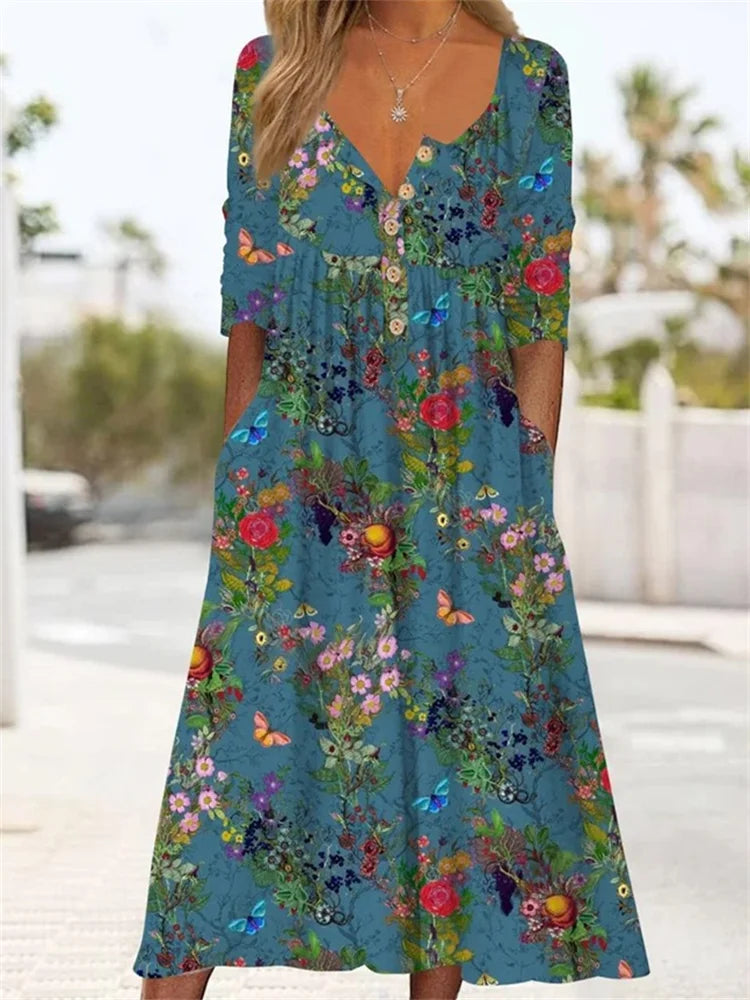 Butterflies Floral Art Pleated Long Dress with Button