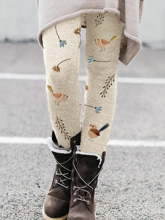 Cozy leggings with floral bird embroidery pattern