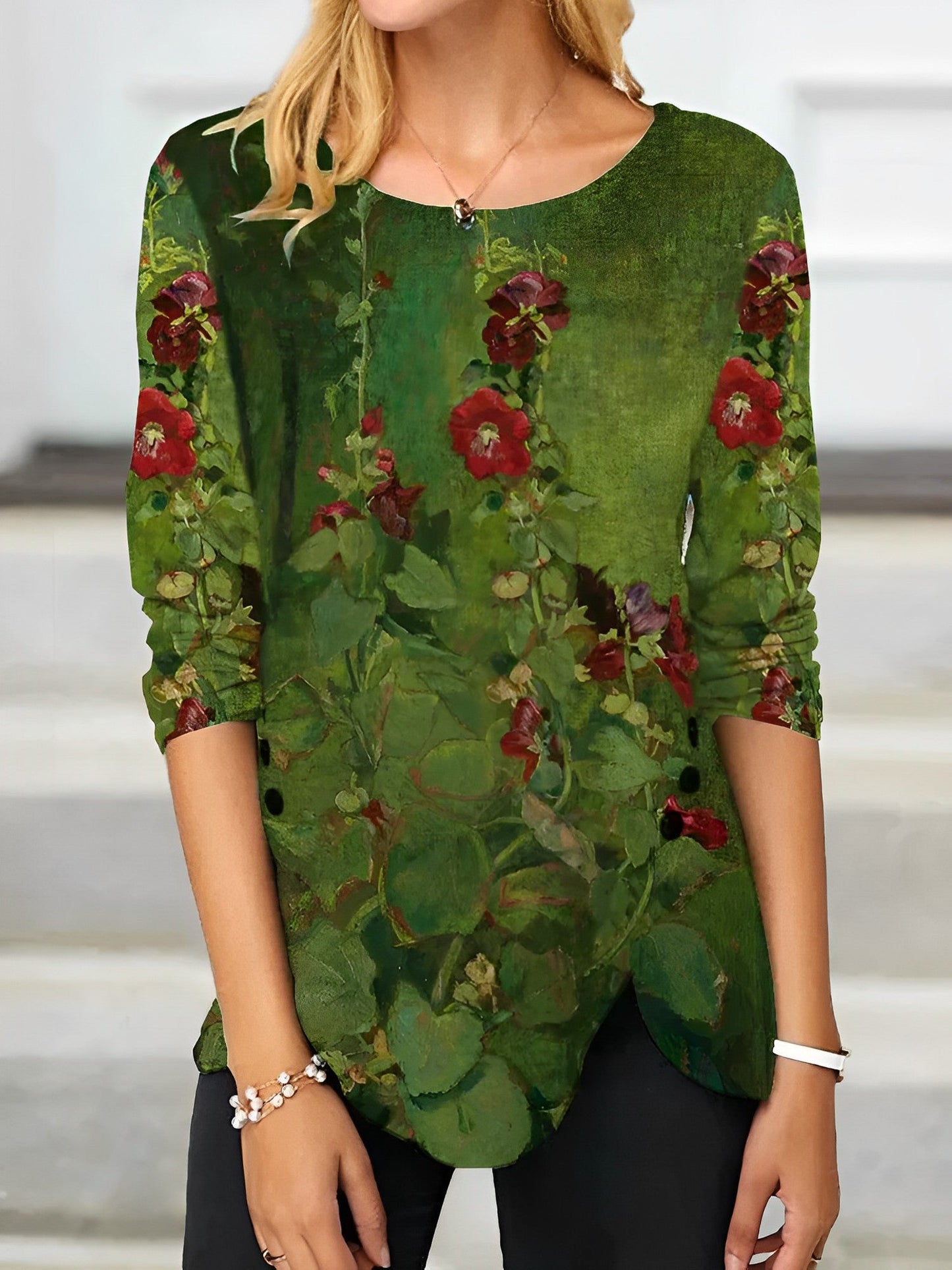 HOLLYHOCKS ART PRINT BUTTON DOWN SPLIT T-SHIRT 