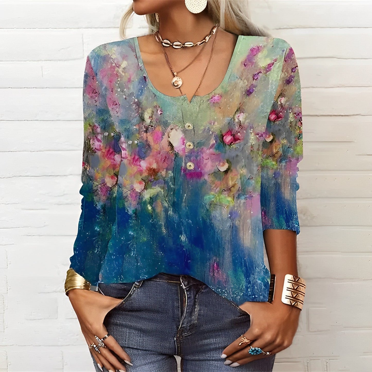 Casual Floral Print Round Neck Long Sleeve T-Shirt 