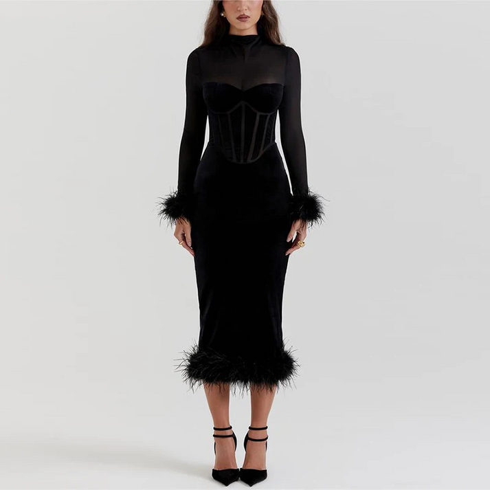 Kelly - Elegant Feather Midi Dress