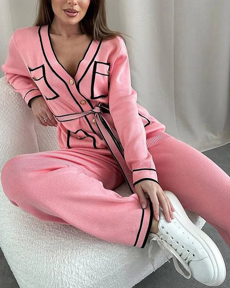 Casual solid color knitted two piece suit