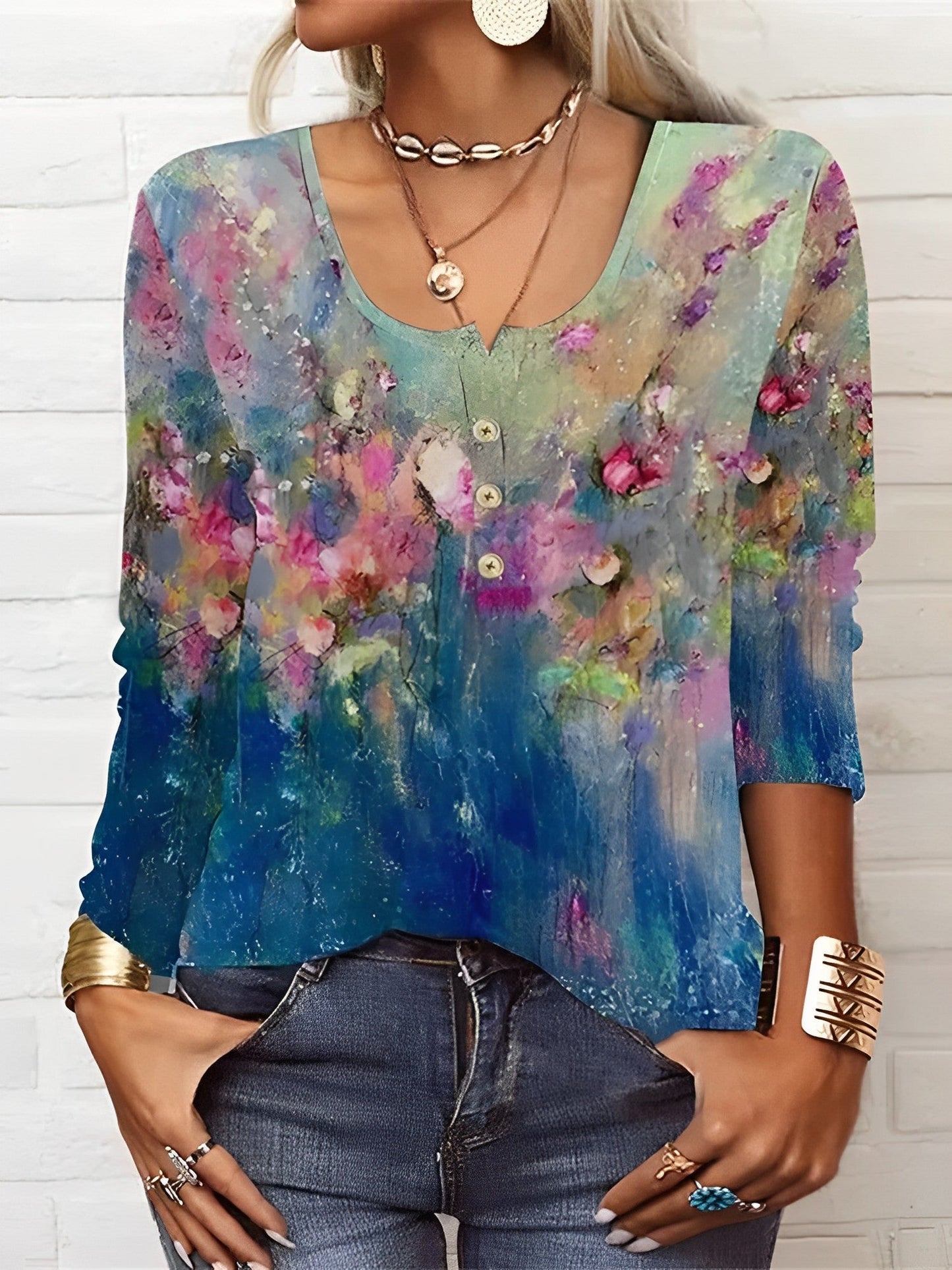 Casual Floral Print Round Neck Long Sleeve T-Shirt 