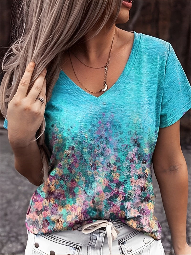 Floral Art Print V-Neck T-Shirt