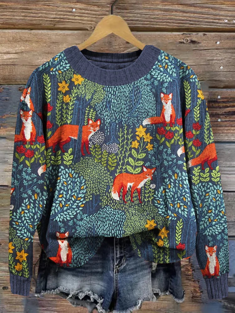 Fox in the forest vintage grey cozy sweater