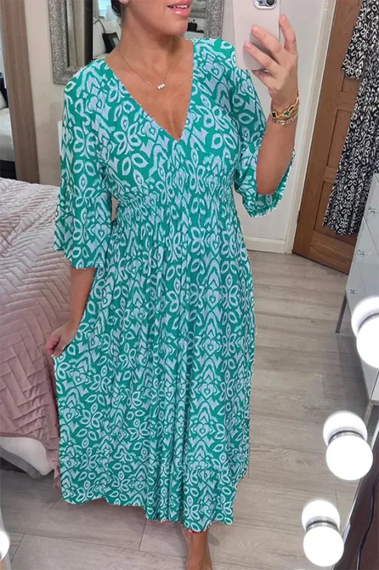 Women's V-neck Wrap Waist Dress Casual Bohemian Print Maxi Dress