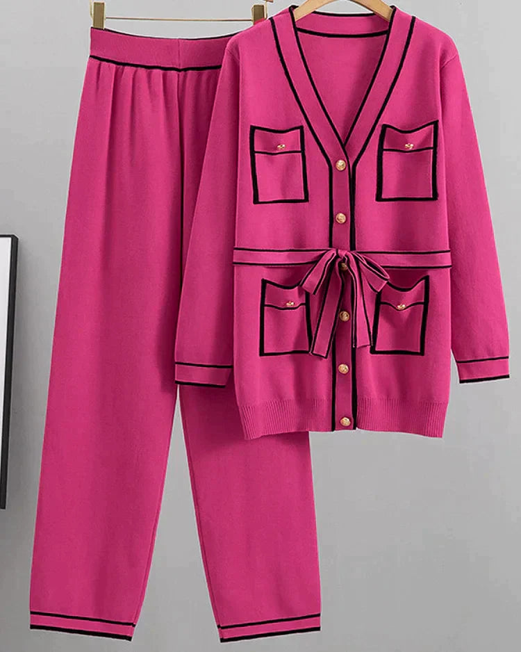 Casual solid color knitted two piece suit