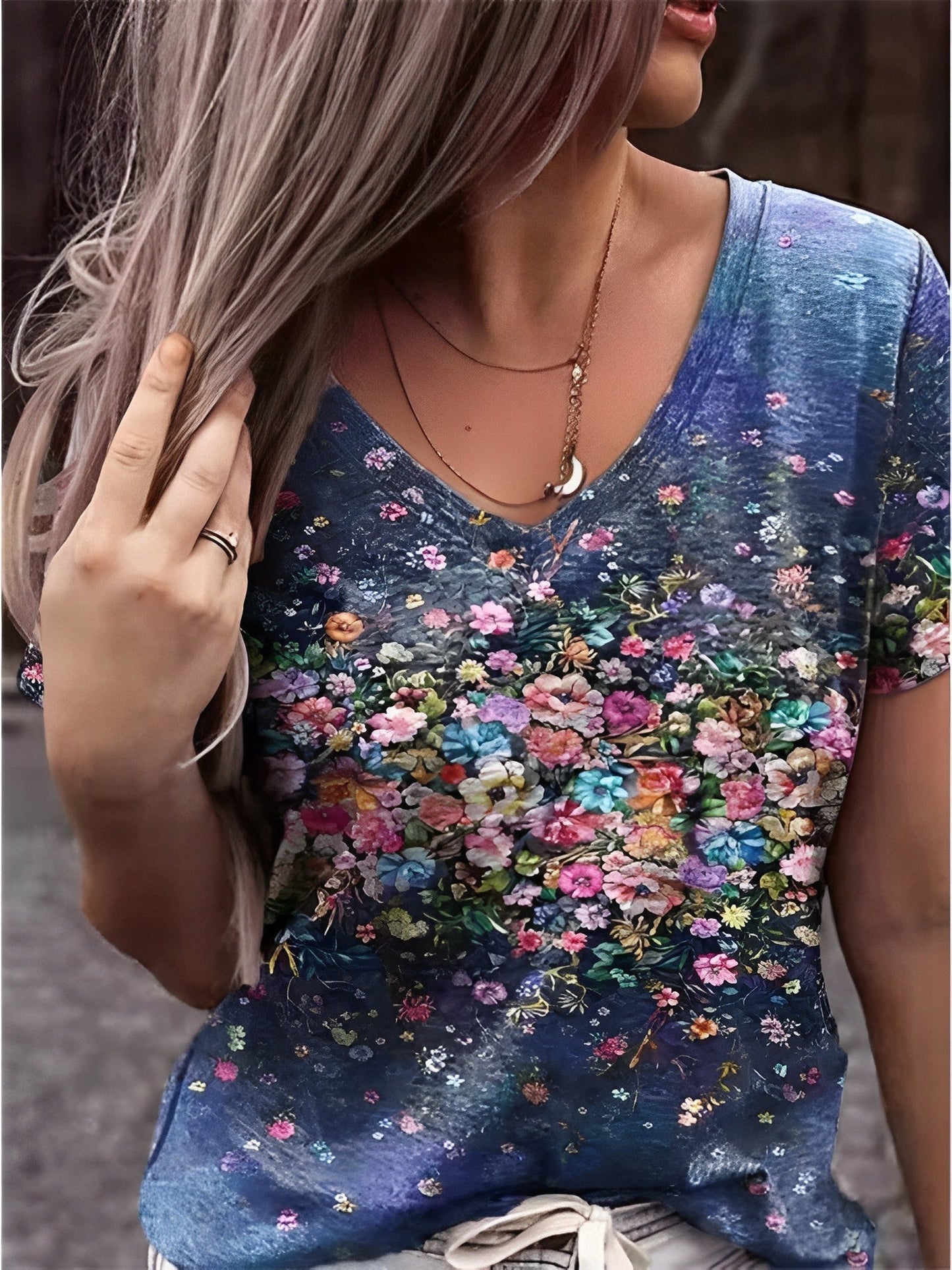 Floral Art Print V-Neck T-Shirt