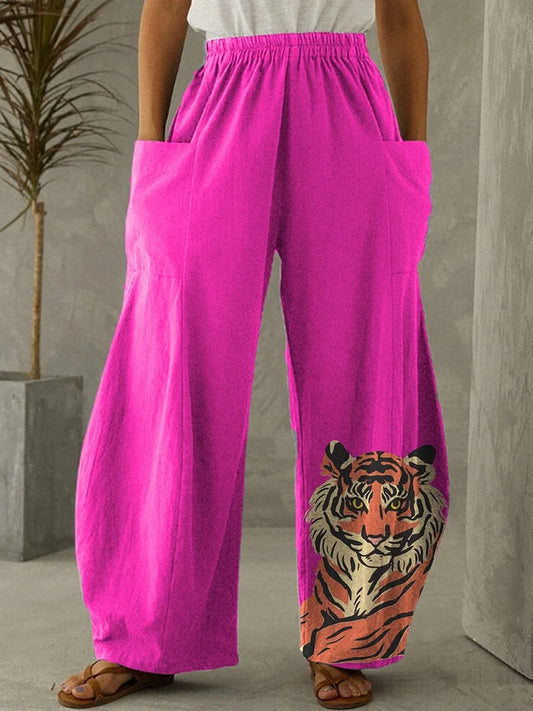 Women's Elastic Waist Wide Leg Pants Pink Tiger Print Casual Trousers