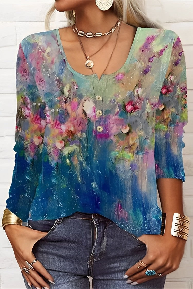 Casual Floral Print Round Neck Long Sleeve T-Shirt 