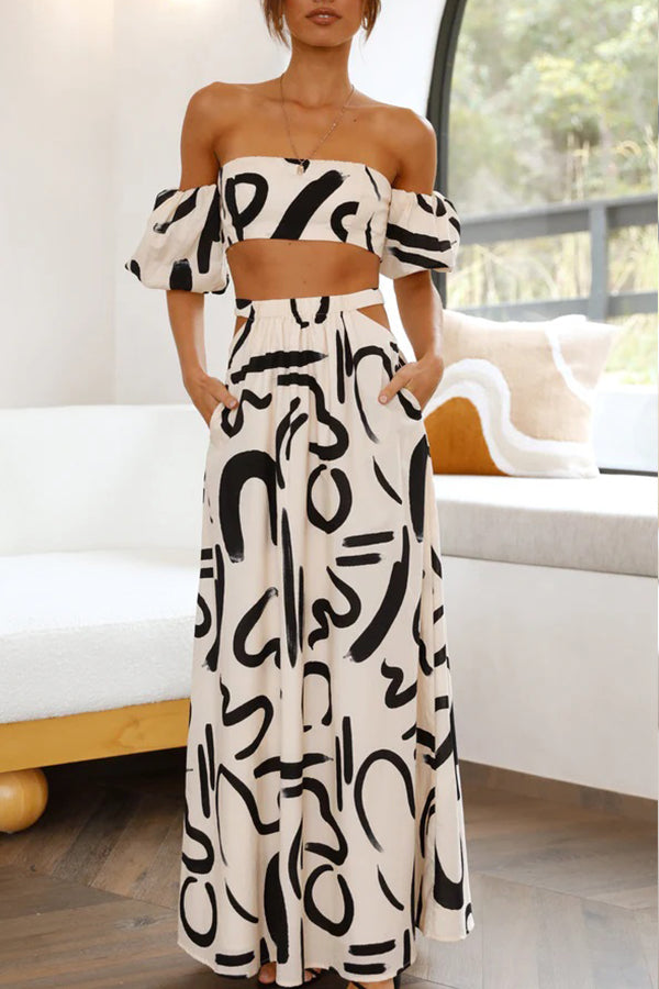 Allegra Doodle Print Crop Top and Maxi Skirt Set with Pocket Cutout