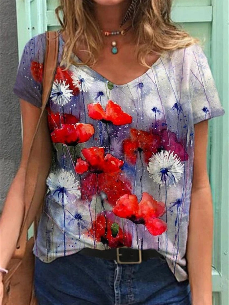 Floral Art Painting V-Neck T-Shirt 