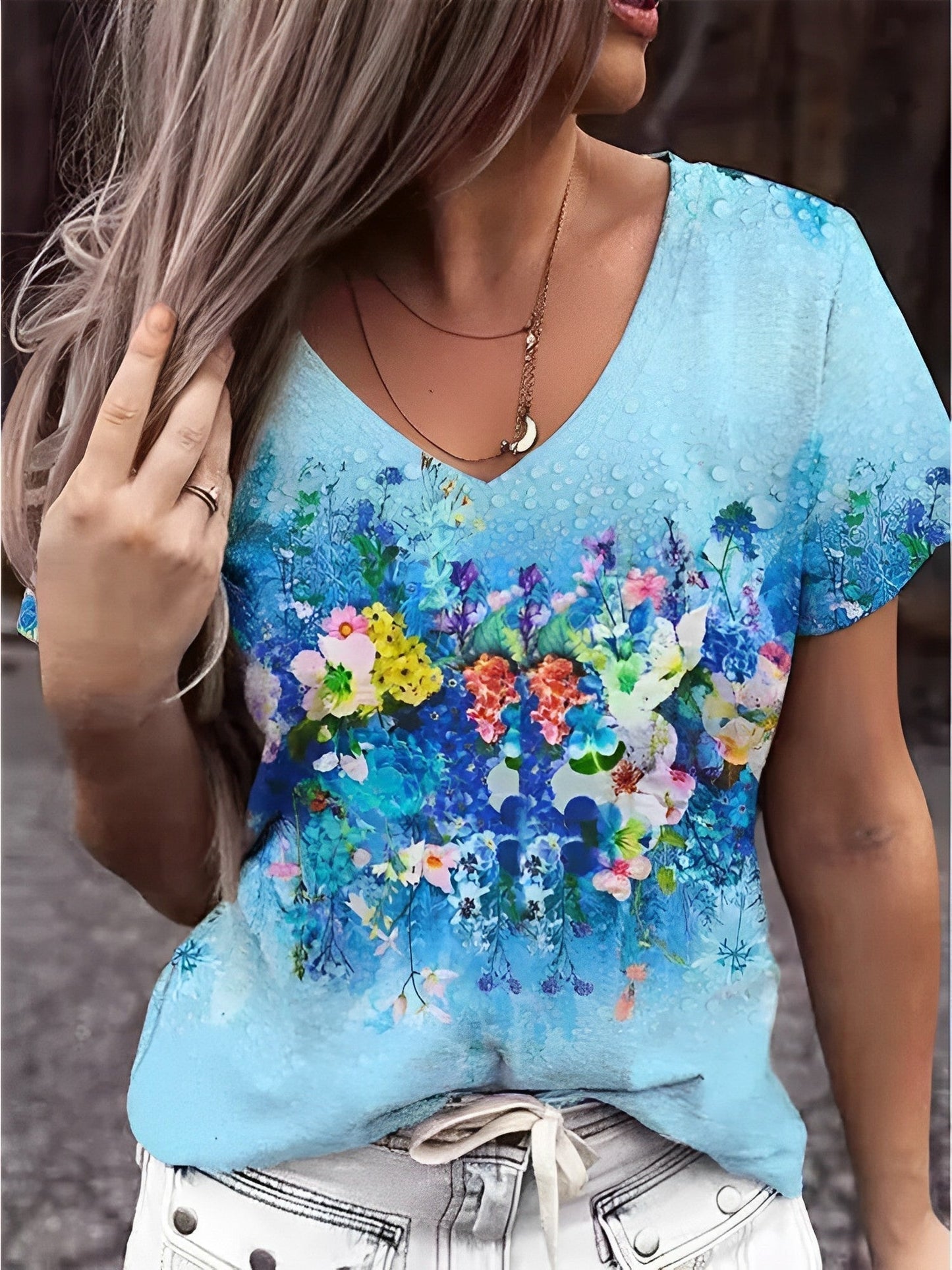 Floral Art Print V-Neck T-Shirt