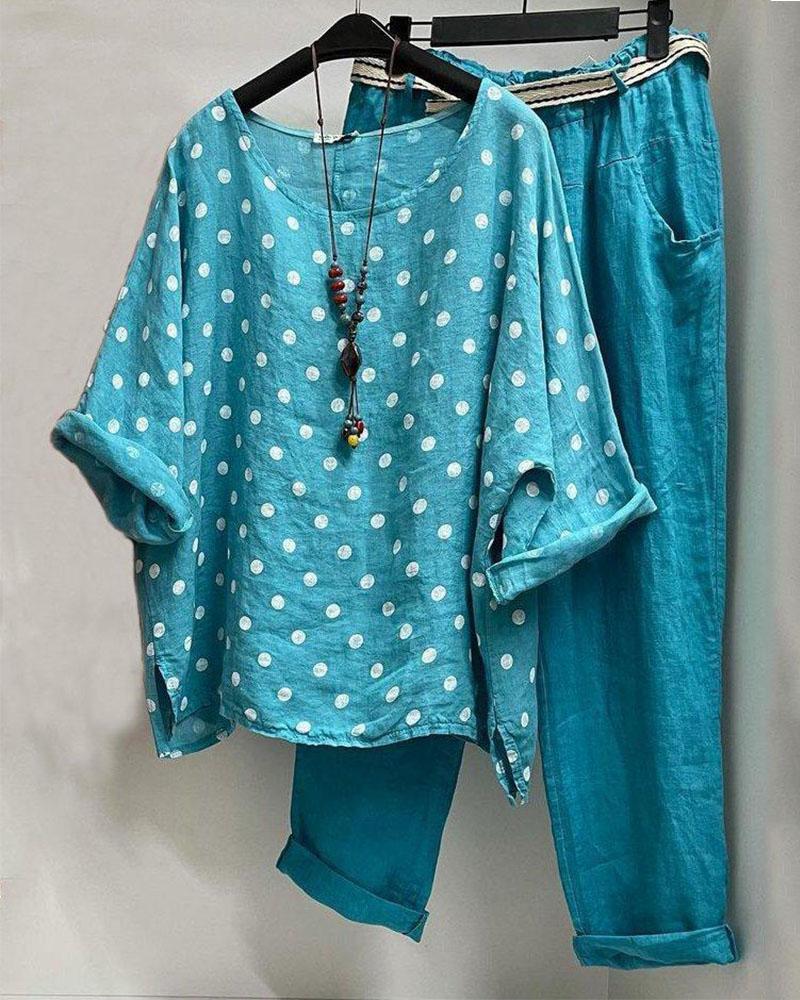 Two-piece round neck short sleeve polka dot autumn suit 