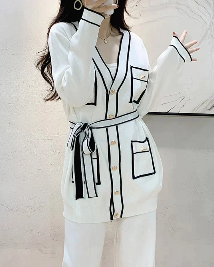 Casual solid color knitted two piece suit