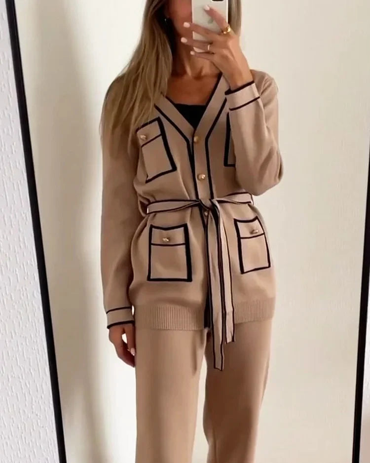 Casual solid color knitted two piece suit