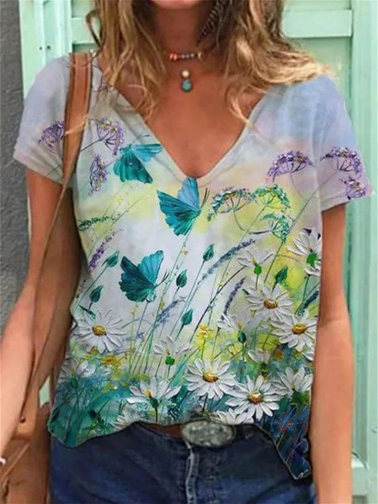 Floral Art Painting V-Neck T-Shirt 