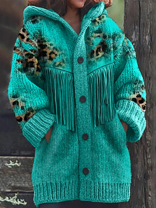 Leopard Cowhide Hooded Cardigan with Turquoise Fringes