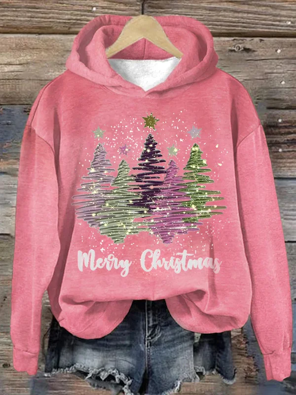 Women's Merry Christmas Glitter Tree Print Hoodie