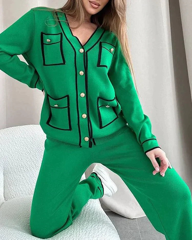 Casual solid color knitted two piece suit