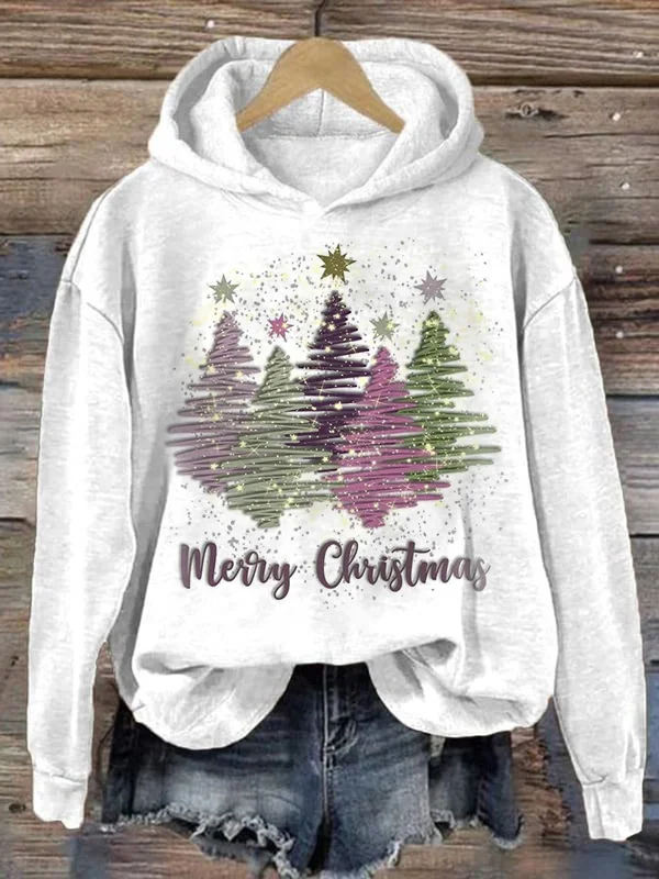 Women's Merry Christmas Glitter Tree Print Hoodie