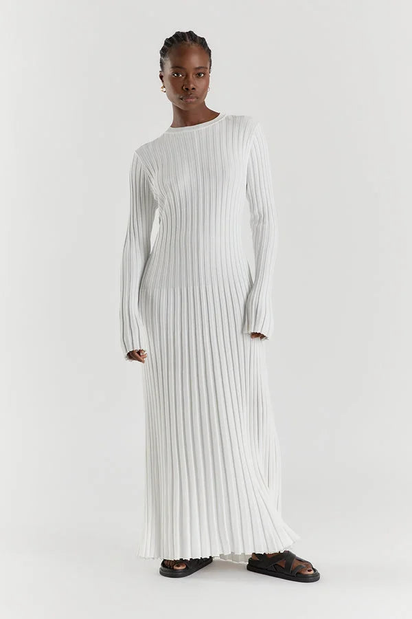 Crew Neck Sleeved Knit Midi Dress 