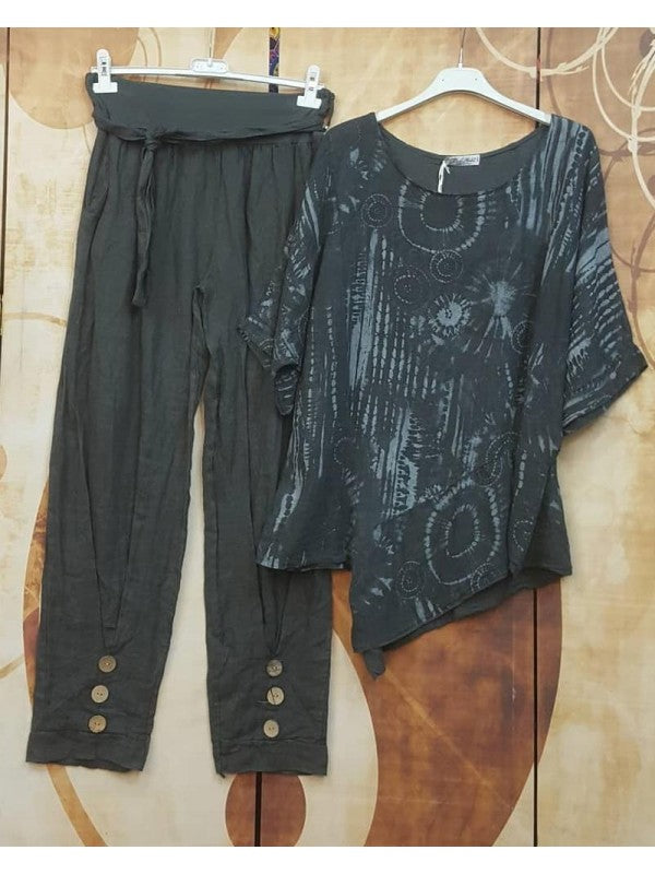 Women's Two Piece Jumpsuit with Loose Print and Round Neck 