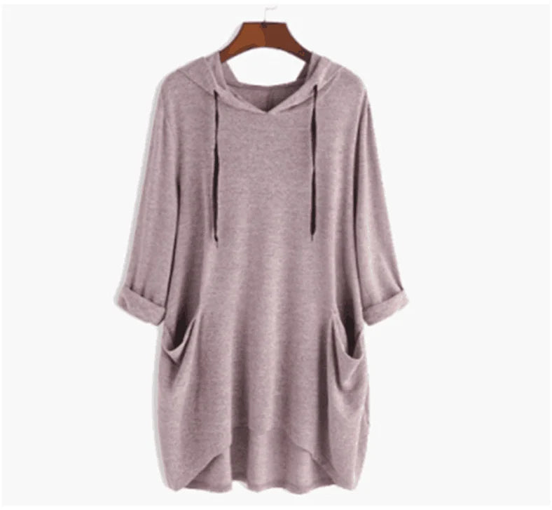 Helen - Women's Solid Color Loose Hooded Sweatshirt Irregular Pockets Top