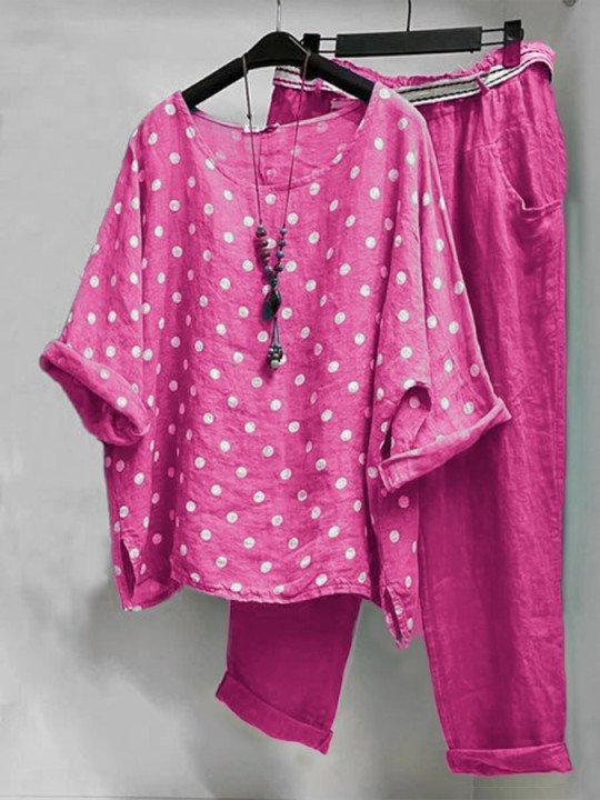 Two-piece round neck short sleeve polka dot autumn suit 