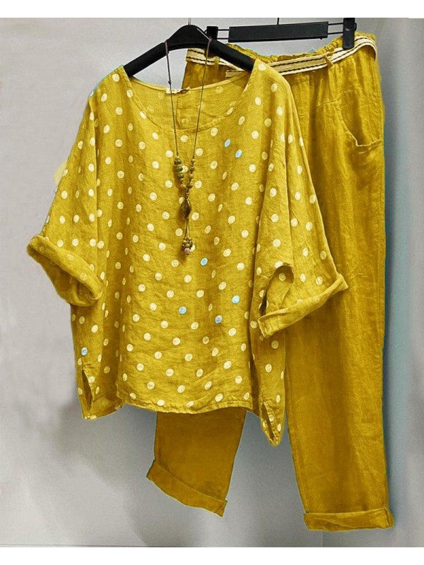 Two-piece round neck short sleeve polka dot autumn suit 