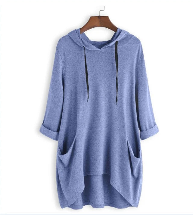 Helen - Women's Solid Color Loose Hooded Sweatshirt Irregular Pockets Top