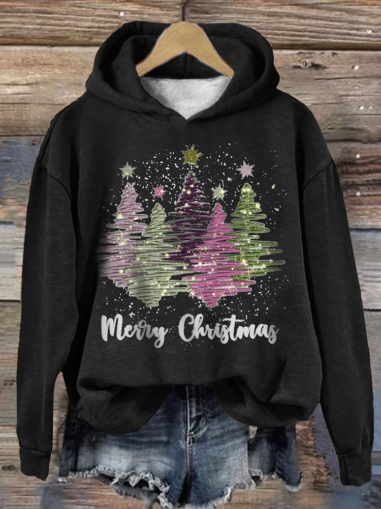 Women's Merry Christmas Glitter Tree Print Hoodie