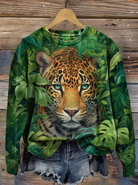 Sweat à capuche avec impression artistique de tigre pour femme à col rond