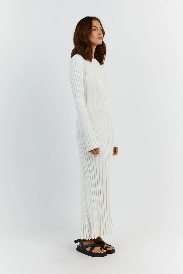 Crew Neck Sleeved Knit Midi Dress 