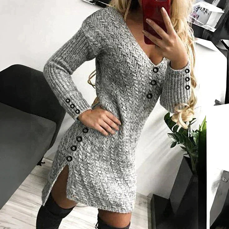 Veronica - Solid V-Neck Mini Chic Sweater Dress