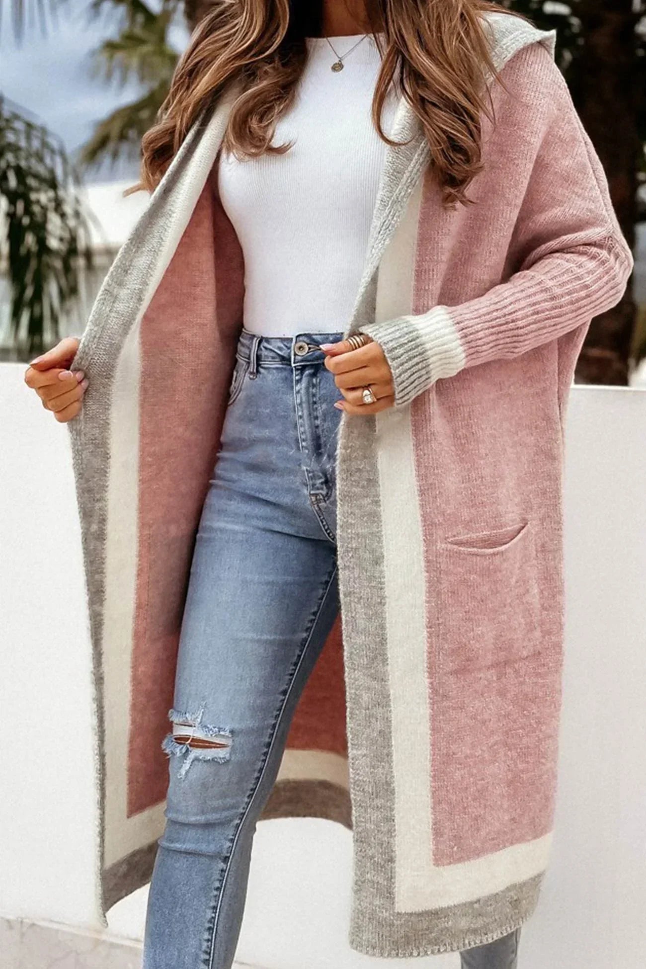 Contrast Hoodie Open Front Long Cardigan