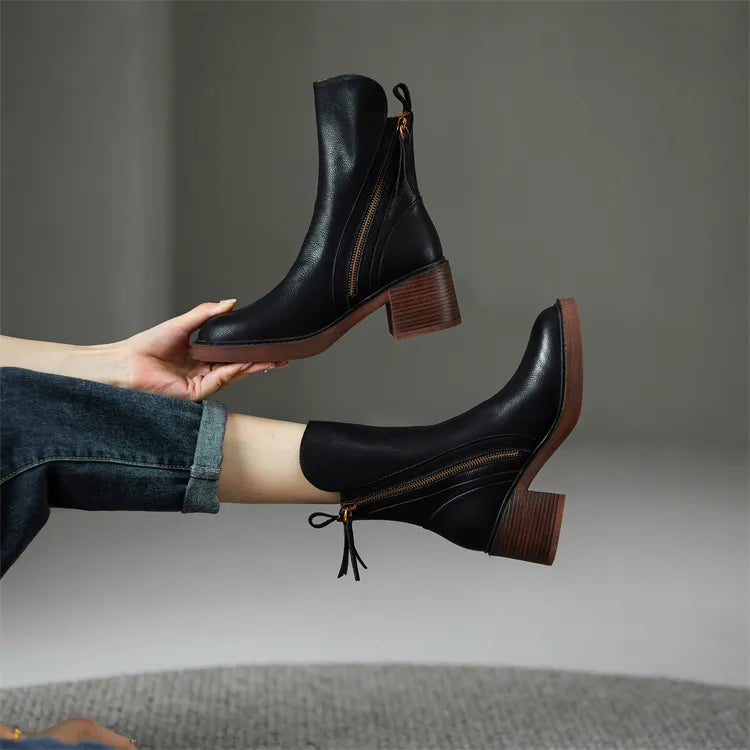 Mabel - The Fashion Round Toe Thick Heel Leather Boots