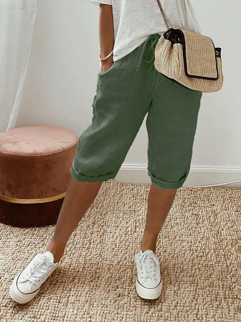 Solid Color Casual Pants with Drawstring Side Pockets