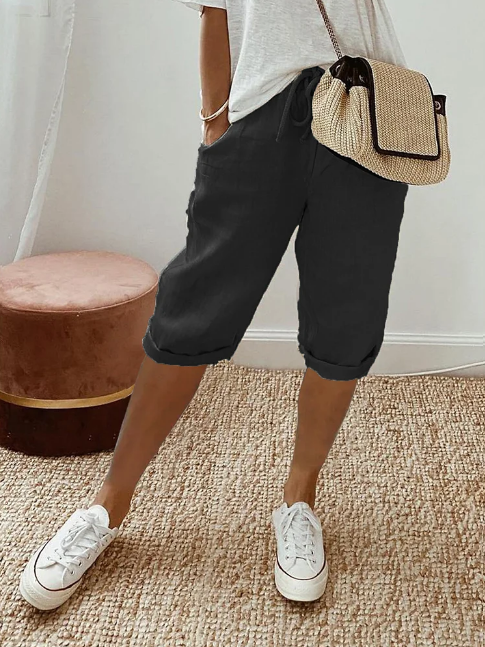 Solid Color Casual Pants with Drawstring Side Pockets