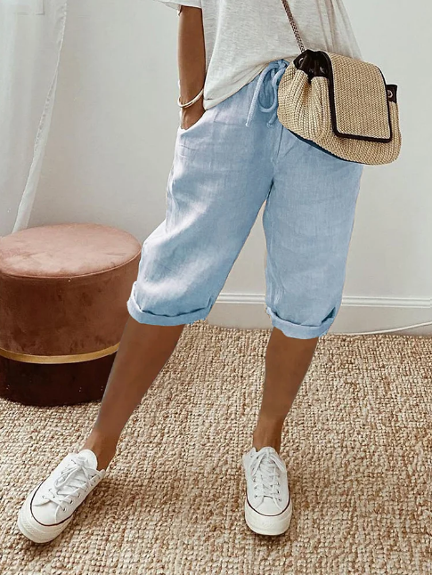 Solid Color Casual Pants with Drawstring Side Pockets