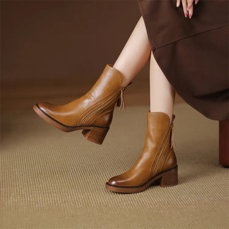 Mabel - The Fashion Round Toe Thick Heel Leather Boots