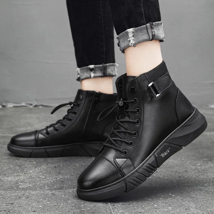 David - Men's Genuine Leather Black Casual Ankle Boots