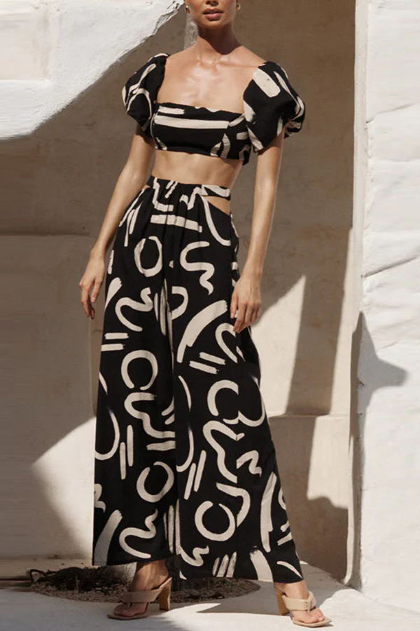 Allegra Doodle Print Crop Top and Maxi Skirt Set with Pocket Cutout