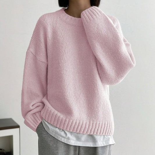 Andrea - Plain Pink Long Sleeve Round Neck Sweater