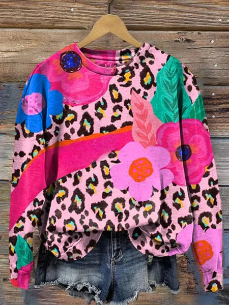 Pink Leopard and Flower Art Print Crew Neck Long Sleeve Sweatshirt