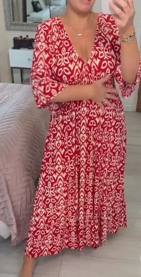 Women's V-neck Wrap Waist Dress Casual Bohemian Print Maxi Dress