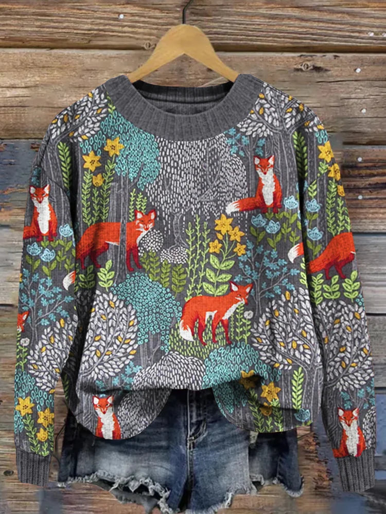 Fox in the forest vintage grey cozy sweater