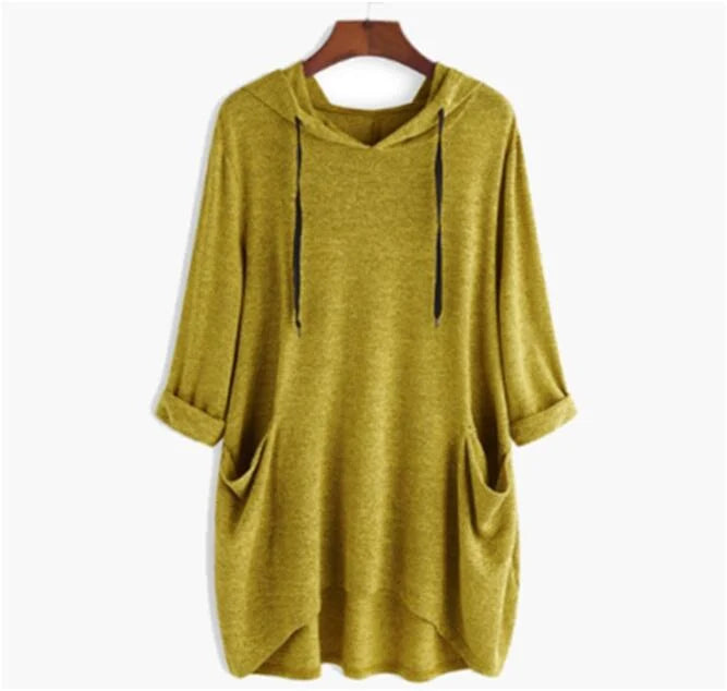 Helen - Women's Solid Color Loose Hooded Sweatshirt Irregular Pockets Top