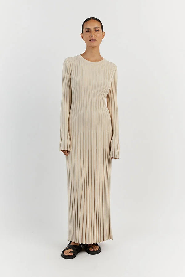 Crew Neck Sleeved Knit Midi Dress 